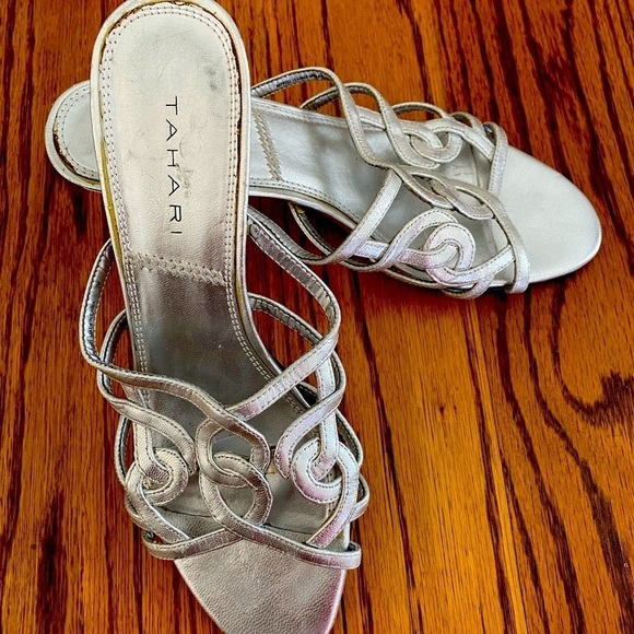 Tahari Silver Kitten Heels | Size 7M | Elegant Strappy Metallic Sandals - Picture 1 of 5
